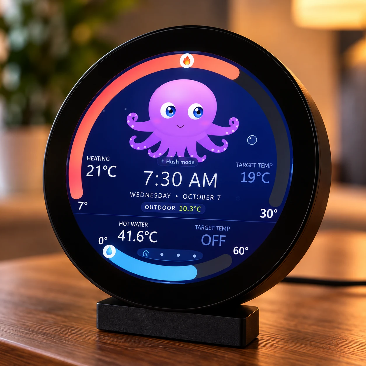 Vaya Display on its desk stand, showing room temperature, hot water and heating targets