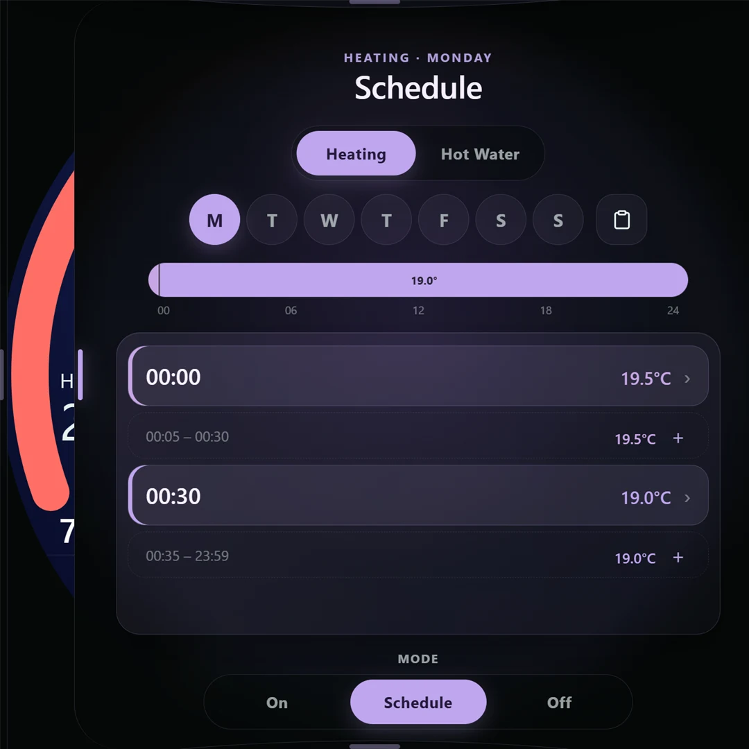 Vaya Display touchscreen showing scheduled heating entries and their temperature targets