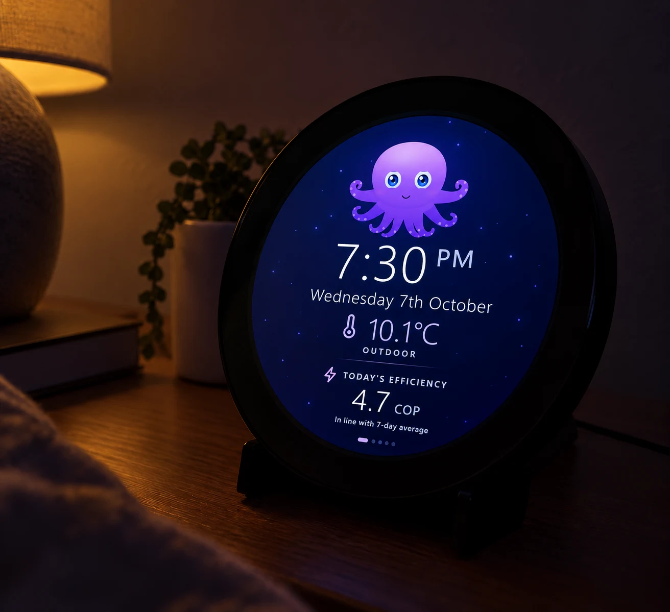 Vaya Display on a side table in screensaver mode, showing the time and room temperatures
